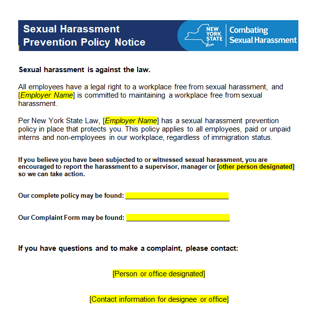 New York State sexual harassment prevention policy notice